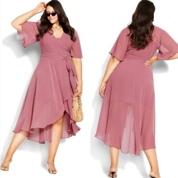 New! City Chic Enthrall Me Maxi Dress Dusty Rose Pink Wrap Sheer, plus size 16‎ - Picture 1 of 16
